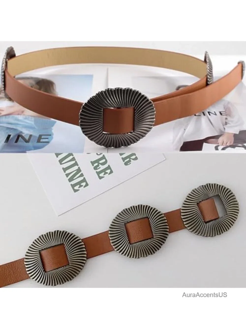 Western Skinny Belt with Wide Disc Conchos Faux Leather Fashion Dress Belt